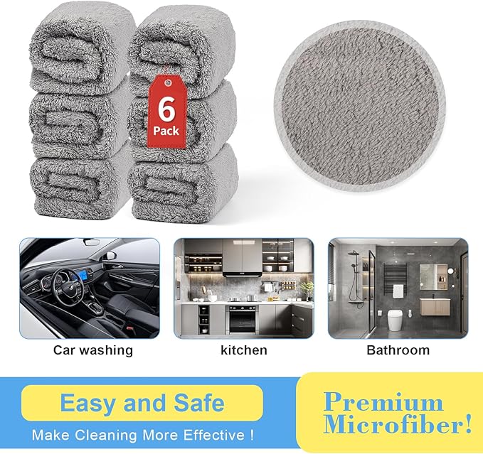 Microfiber Car Towels, 16" x 16" Upgraded 450gsm Ultra-Thick, Detailing Supplies for Car and Home Polishing Washing, Auto Interior/Exterior Rags|Grey 6-Pack