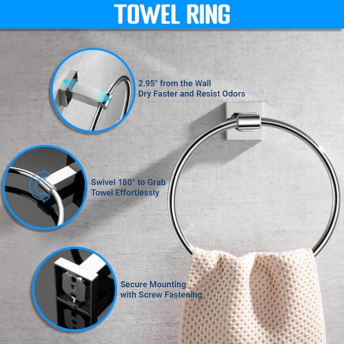 Miyili SUS304 Stainless Steel 5-Piece Bathroom Accessories Set with 30" Double Towel Bar, 5" Toilet Paper Holder, Towel Ring, 2 x Robe Hooks Bath Hardware Kit Wall Mount, Poilshed