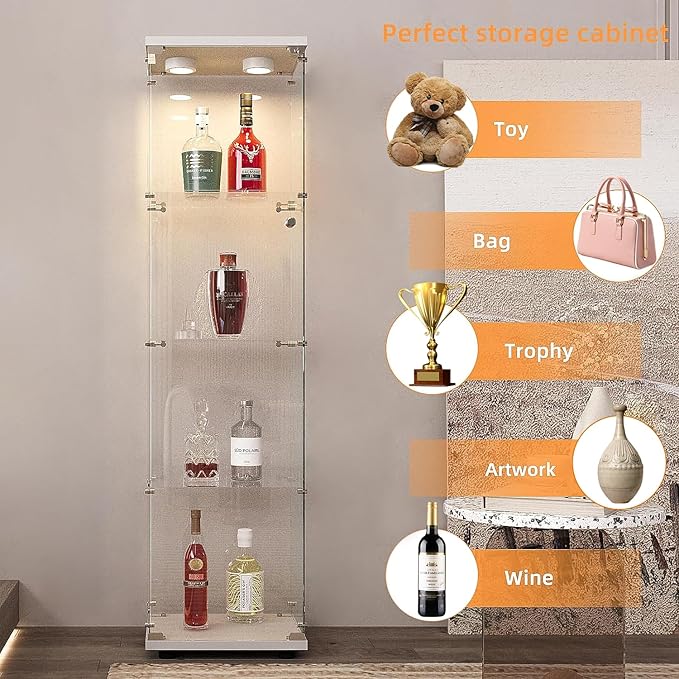 LFT HUIMEI2Y Glass Display Cabinet with LED Lights and Lock, 4-Shelf Curio Cabinets with Door, Tempered Glass Collection Display Showcase for Bedroom, Living Room 65”x 17”x 14.5” White