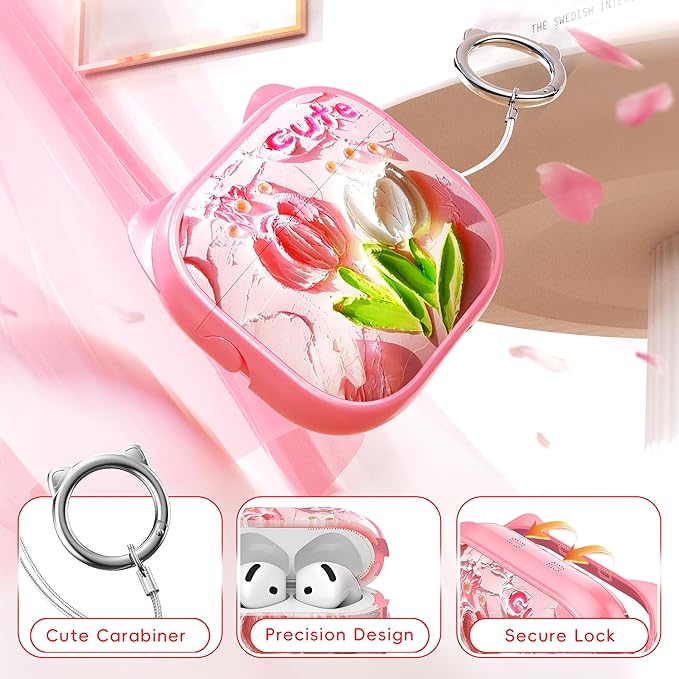 for AirPods 4 Case with Cleaning Kit, Cute Cat Ear Print Design & Cute Buckle, Inverted Phone Holder Design, Top Safe Lock Buckle Design, for Girls AirPods 4 case 2024, Tulip