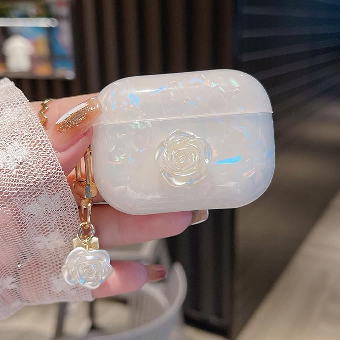 Cute Airpod Pro 2 Case Elegant Flower Luxury Glitter Marble Pearl Protective Cover with Keychain Compatible with AirPods Pro 2nd Generation Case for Girls Women (Rose White)
