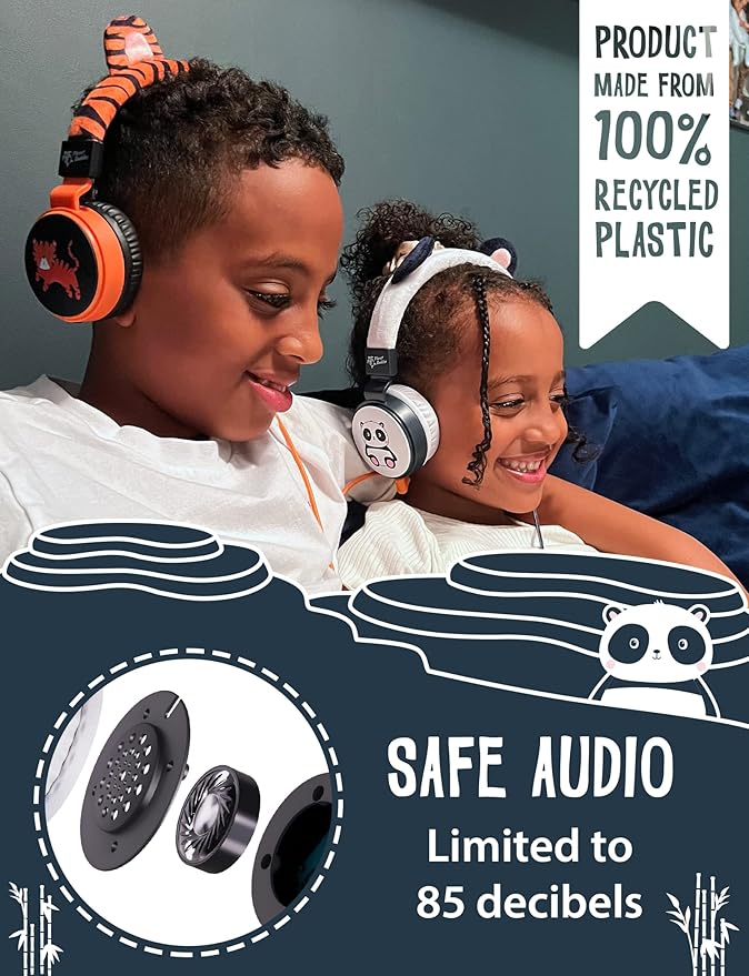 Planet Buddies Kids Headphones for School Travel, Safe Volume Limited, HD Mic Stereo Sound On-Ear Girls Boys Headphones for Kid, Foldable 3.5mm Wired Kids Earphones for iPad Computer - Furry Panda