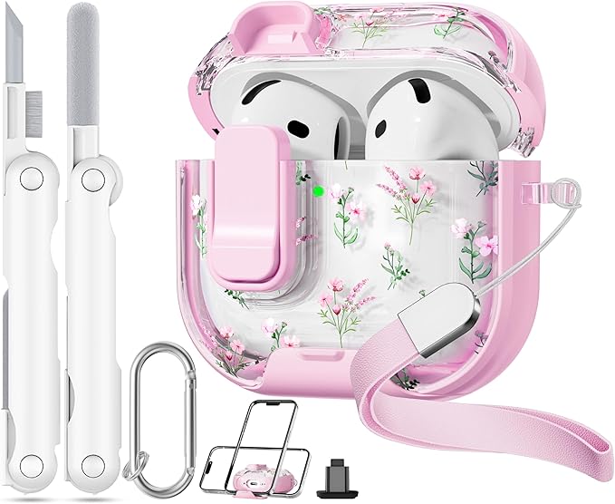 with Safety Lock for Apple AirPods 4 Case,Clear Floral Cute AirPod 4th Generation Case with Phone Stand & Cleaning Kit for Women Girly-Pink Narcissus
