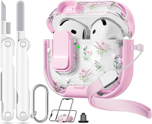 with Safety Lock for Apple AirPods 4 Case,Clear Floral Cute AirPod 4th Generation Case with Phone Stand & Cleaning Kit for Women Girly-Pink Narcissus
