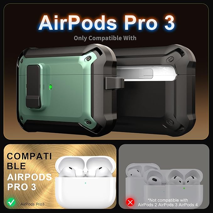 RFUNGUANGO AirPods Pro 3 Case (2025) with Safety Lock and Automatic Pop-up, Compatible with Airpods Pro 3rd Generation Case, Magnetic Lid, Compatible MagSafe, Hard Shockproof Protective Case, Green