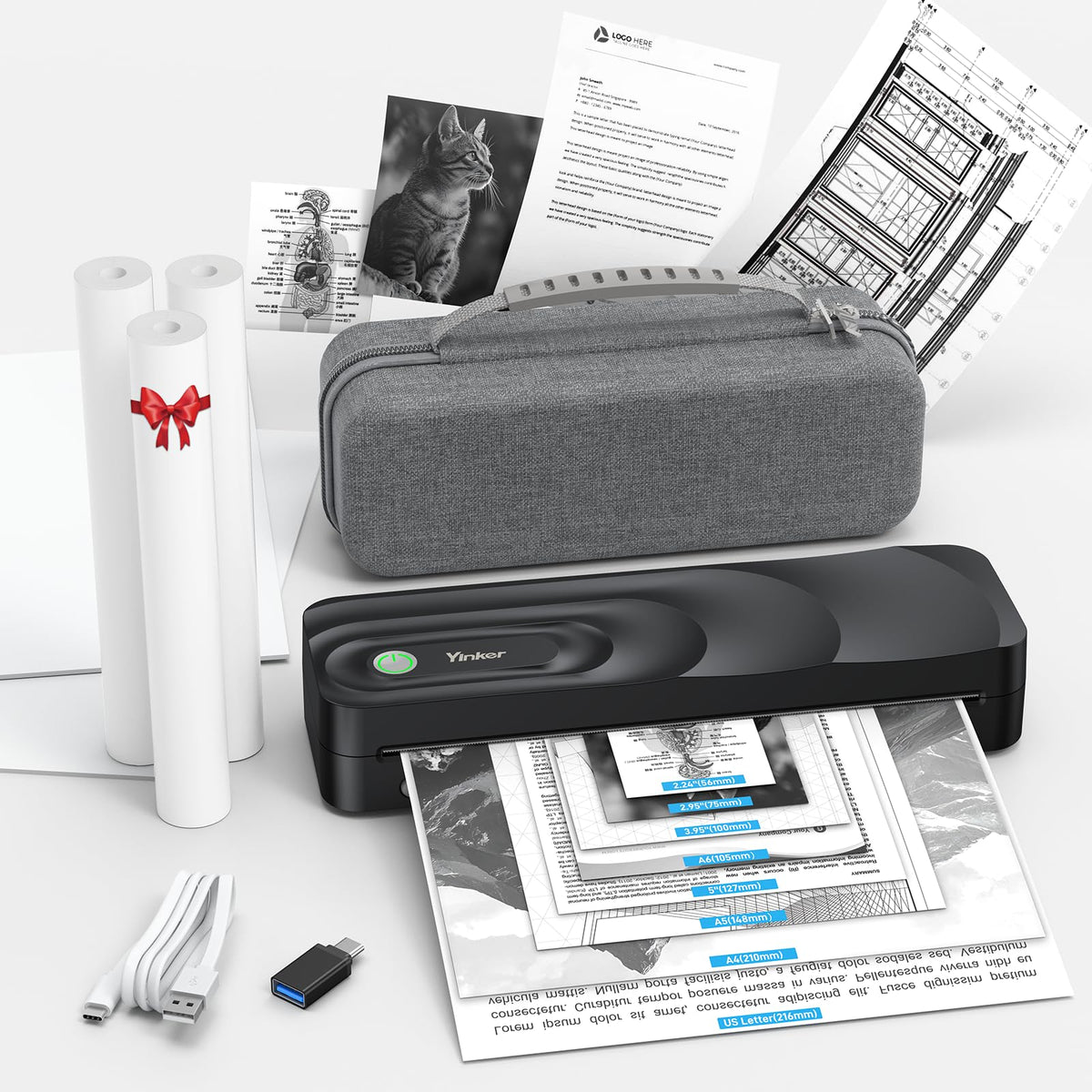 Portable A4 Thermal Printer | 3 Rolls Thermal Paper & 2 Folding Papers Included | Inkless Bluetooth Printer w/Carry Case, Supports 8.5"x11" US Letter, Cellphone APP Compatible for Travel