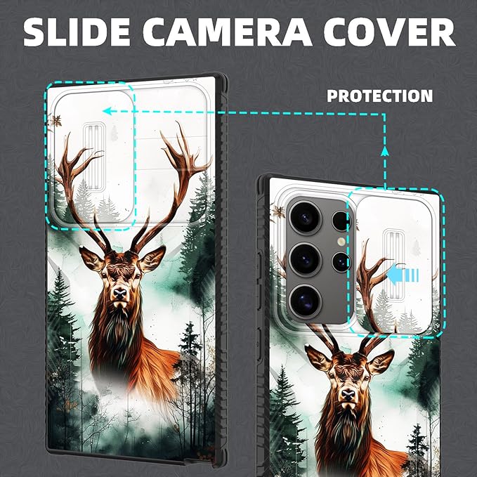 for Galaxy S24 Ultra Case Built in Slide Camera Lens Cover,Heavy Duty Shockproof Protection Dual Layer Case for Samsung Galaxy S24 Ultra 6.8" 2024,Forest Deer