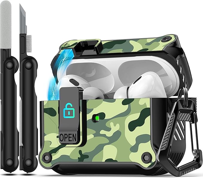 RFUNGUANGO for AirPods Pro 2nd/1st Generation Case Cover with Secure Lock Clip,Automatic Pop-up Case Full-Body Shockproof Hard Protective Cover for AirPodsPro2Case(2023/2022/2019)rainforest camouflage