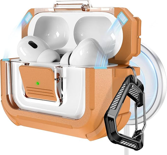 RFUNGUANGO for AirPods Pro 2 Case, Compatible with AirPods Pro 2nd/1st Generation Case, Compatible with MagSafe, Magnetic Automatic Lock with Cleaner Kit and Keychain, Front LED Visible, Brown