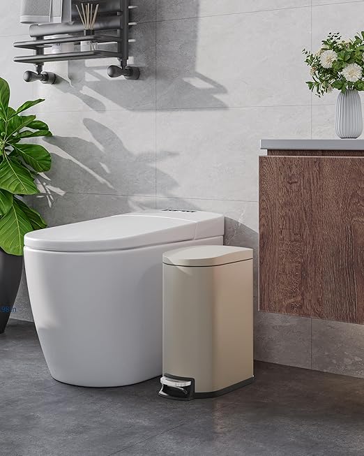Stainless Steel Bathroom Trash Can with Lid, Slim Waterproof Garbage Can, Small Step-on Metal Trash Bin with Soft Close Lid, Inner Bucket & Rear Handle for Bathroom, Bedroom, Kitchen