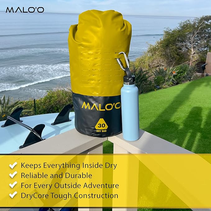 Malo?™o DryPack 30L Waterproof Kayak Dry Bag, Heavy Duty Roll-Top Dry Bag with MOLLE Grid and Carry Straps for Fishing, Paddle Boarding, Boating, Camping, and Travel, Yellow
