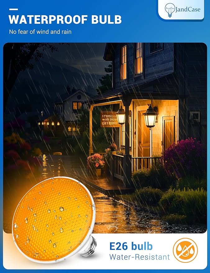 JandCase Bug Light Bulbs, Dusk to Dawn Bug Light Bulbs for Outside, 11W Yellow Bug Light Bulbs Outdoor, 100Watt Equivalent PAR30 Flood Light Bulbs for Porch Patio Courtyard, Non-Dimmable, 2 Pack