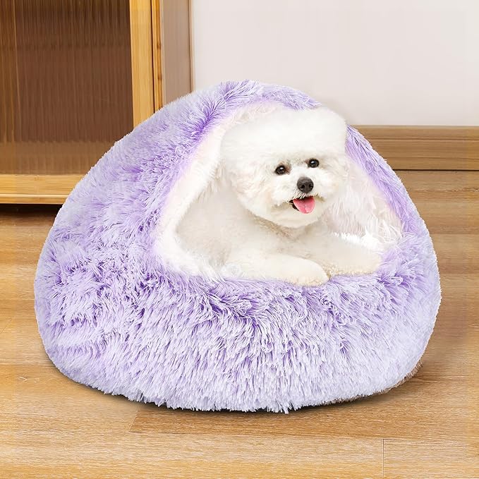 NOYAL Round Hooded Donut Dog Bed for Small & Medium Pets - Plush Fluffy Anti-Anxiety Cat Cave Bed with Cover