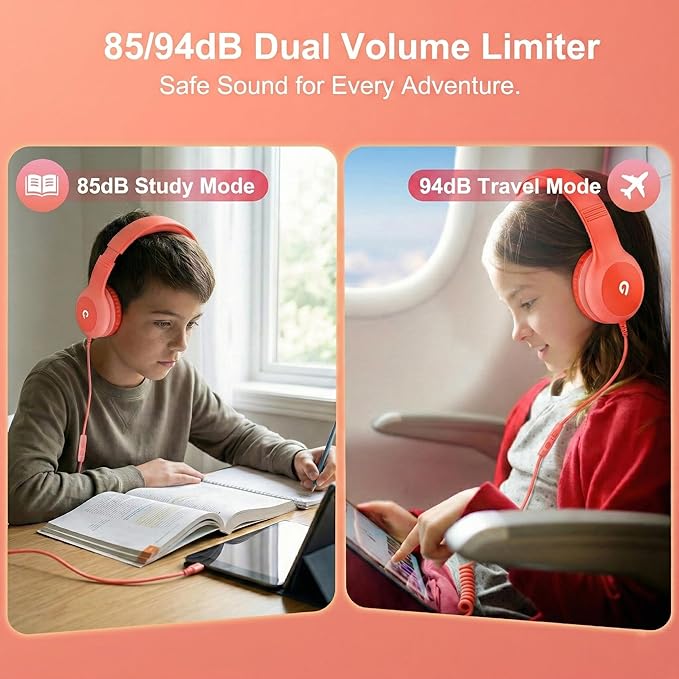 Wired Kids Headphones with USB C Plug, 85dB Safe Volume, Adjustable Headband, Tangle-Free Cord Headphones for School, Tablet, Travel (Coral Red & Soft Peach, with Microphone)
