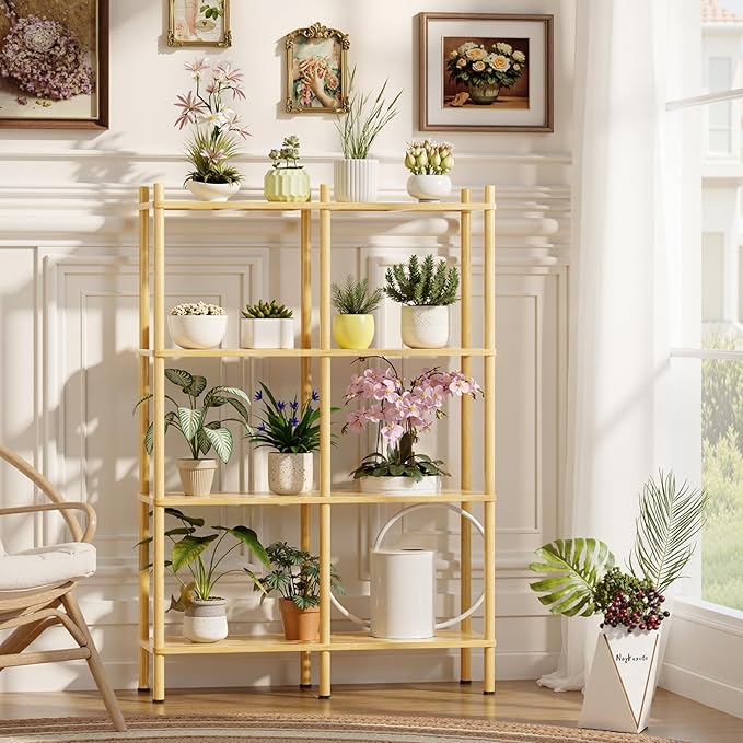 4 Tier Bookshelf, Bamboo Bookcase with Shelves, 8 Open Display Bookshelves Storage Organizer, Industrial Book Shelf Standing Shelf Unit for Bedroom, Living Room, Bathroom, Home Office