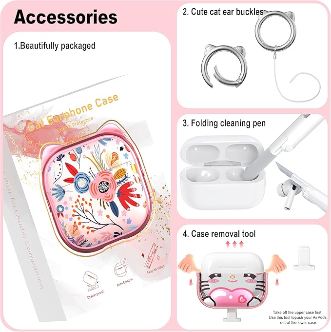 RFUNGUANGO AirPods Pro Case for Women Girly Cat Case with Lock, Phone Stand, Keychain & Cleaner Kit, Compatible with Apple Airpods Pro 2nd/1st Generation Case Cover, Pink Cute Cat