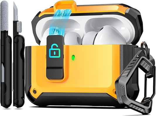 RFUNGUANGO AirPods Pro 3 Case (2025) with Safety Lock and Automatic Pop-up, Compatible with Airpods Pro 3rd Generation Case, Magnetic Lid, Compatible MagSafe, Hard Shockproof Protective Case, Yellow