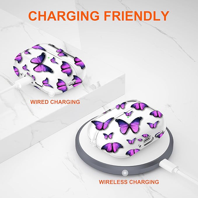 Maxjoy for AirPods Pro 2nd Generation Case, Clear AirPods Pro 2 Case for Women Men Cute Protective AirPod Pro 2 Cover with Keychain Strap for AirPod Pro 2nd Gen Cover 2023/2022, Purple Butterfly