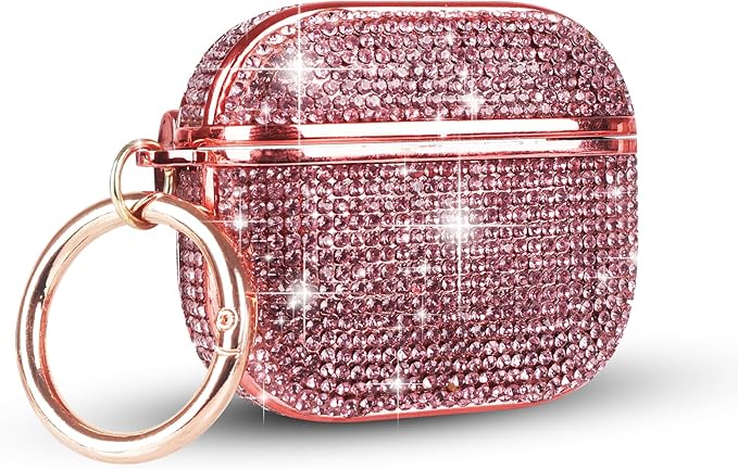 LUVI Compatible with AirPods Pro (2019) Diamond Case Rhinestone Bling Glitter Crystal Shiny Sparkle Cute Protective Shockproof Cover for Women Girls Luxury Skin with Keychain Pink