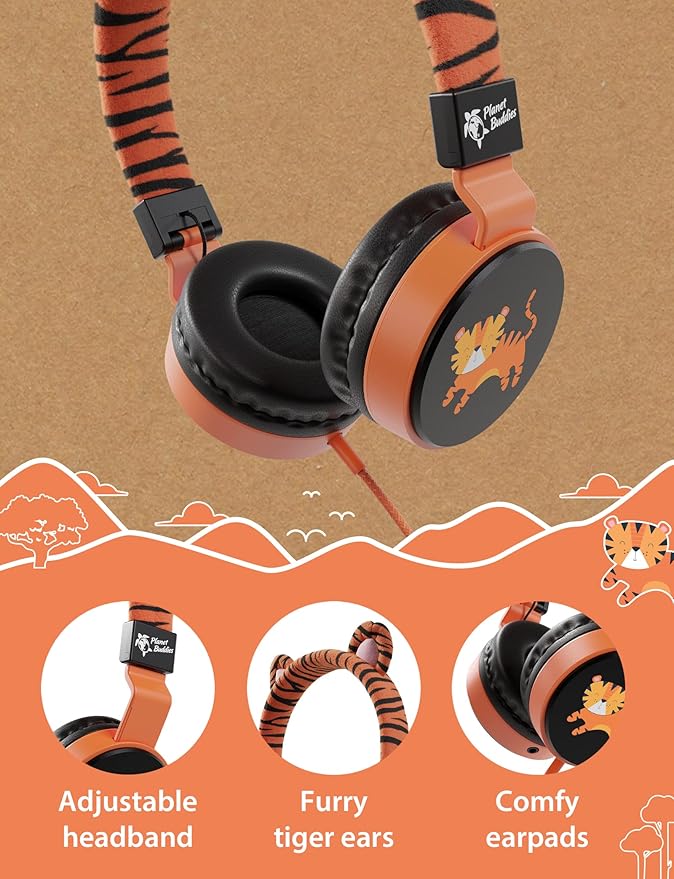 Kids Headphones for School with Tiger Cat Ears, Safe Volume Limited, HD Mic Stereo Sound On-Ear Girls Boys Headphones for Kid, Foldable 3.5mm Wired Kids Earphones for iPad, Tablet or Computer - Furry