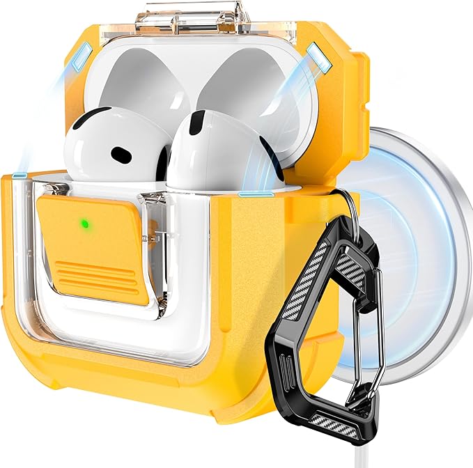 RFUNGUANGO for AirPods 4 Case, Compatible with AirPods 4th Generation Case (2024), Compatible with MagSafe, Magnetic Automatic Lock with Cleaner Kit and Keychain, Front LED Visible, Yellow