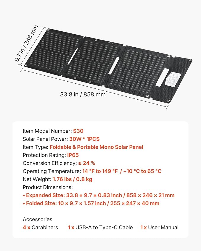 VEVOR 30W Foldable Solar Panel Charger, 16BB N-Type Monocrystalline Solar Panel 24% Efficiency, Ultra-Light Portable with USB-A, USB-A (QC3.0) & Type-C Ports for Camping, Backpacking, Phones, Tablets