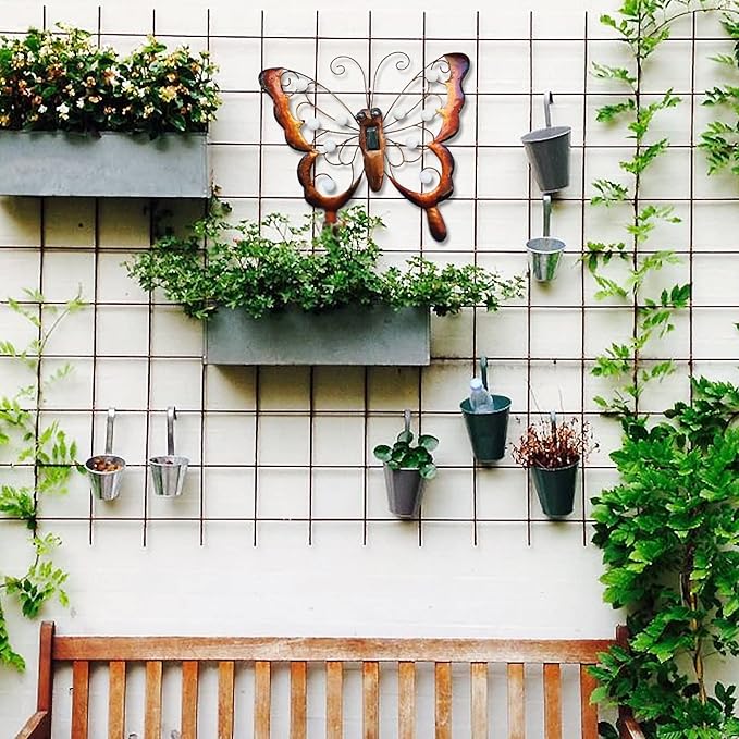 J-Fly Metal Butterfly Solar LED Light Outdoor Wall Art, Solar Butterfly Wall Hanging Outdoor Decoration, Metal Garden Fence Art Decor, 13 * 14 Inch Large Suitable for Garden Patio Fence Balcony Decor