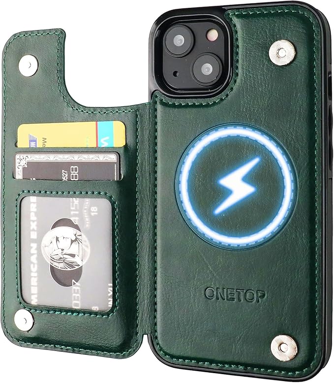 ONETOP Compatible with Magsafe for iPhone 13 Wallet Case with Card Holder, PU Leather Kickstand RFID Blocking Case, Double Magnetic Clasp and Durable Shockproof Cover 6.1 Inch (Green)