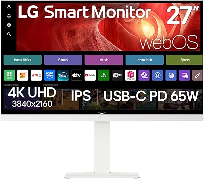 LG 27U730SA-W 27-Inch Smart 4K UHD (3840 x 2160) IPS Computer Monitor, HDR10, Built-in Speaker, Screen Share, Bluetooth, Remote Control, HDMI, USB Type-C PD 65W, Tilt/Height/Swivel/Pivot Stand, White