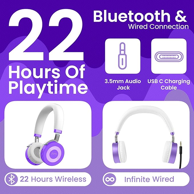 Puro Sound Labs JuniorJam Plus Volume-Limiting Wireless Bluetooth Headphones for Kids, Secure Audio with Adjustable On-Ear Design, 22-Hour Battery Life, Ideal for Tablets, Smartphones & PCs - Purple