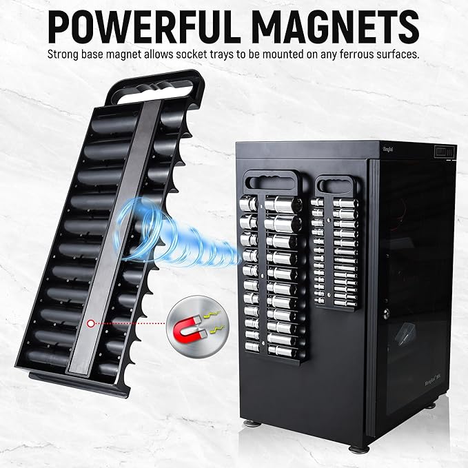 Magnetic Socket Organizer Set, 3 Pcs Black Portable Heavy Duty Socket Rail Set: 1/4-Inch x 22 Pallets, 3/8-Inch x 28 Pallets, 1/2-Inch x 26 Pallets, Hold 76 Sockets - Fit Shallow&Deep Sockets