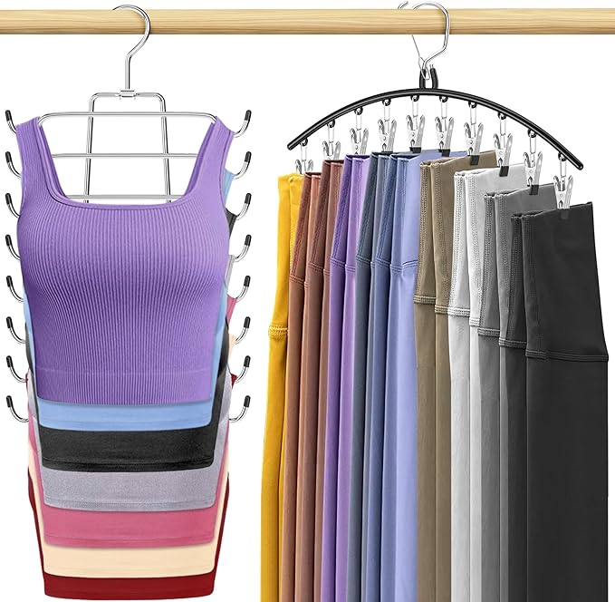 2 Pack Legging Hangers for Closet Organizer, 1 Pants Hangers with 10 Clips, 1 Pack Tank Top Hanger Space Saving Closet Organizers and Storage for Yoga Pants Skirt Bra Lingeries Dorm Essentials