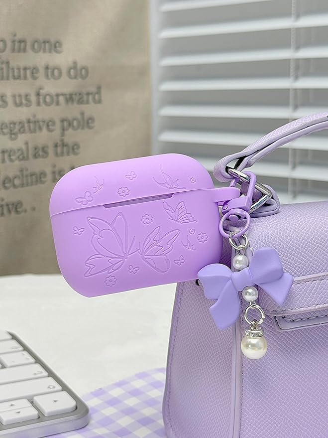for AirPods Pro 2 Case Cover with Bow Keychain, DamonLight Cute Flower Floral Engraved Silicone Protective Case Cover Compatible with Apple Airpods Pro 2 Case for Women and Girls, Purple