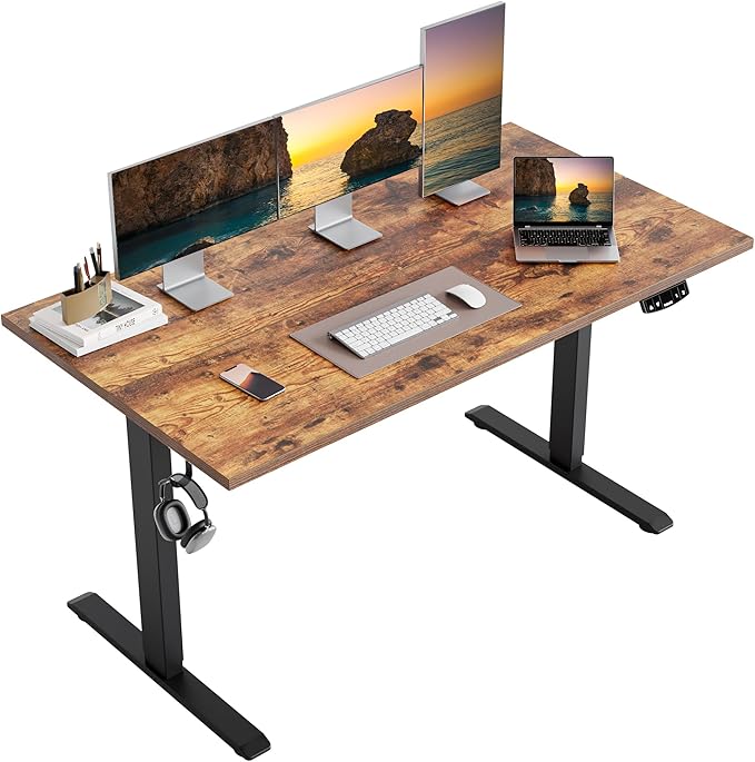 Height Adjustable Electric Standing Desk, 55 x 24 Inches Stand Up Desk, Ergonomic Raising Computer Table with Memory Preset Button, Two-Piece Desktop, Rustic Brown