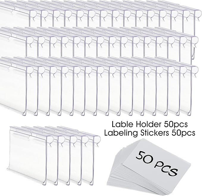 50pcs Labels for Storage Bins Plastic Label Clip, Basket Labels Clip On Wire Shelf Price Label Holder Merchandise Sign Display Holder, 50pcs Label Insert Included (2.36IN*1.57IN)