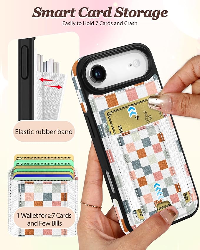 Shorogyt for iPhone Air Wallet Case - Fits 5 Cards, Compatible with Magsafe Detachable Magnetic Credit Card Holder Leather Cardholder Cute Phone Cover Women Girls for Apple 17 Air, Checkered