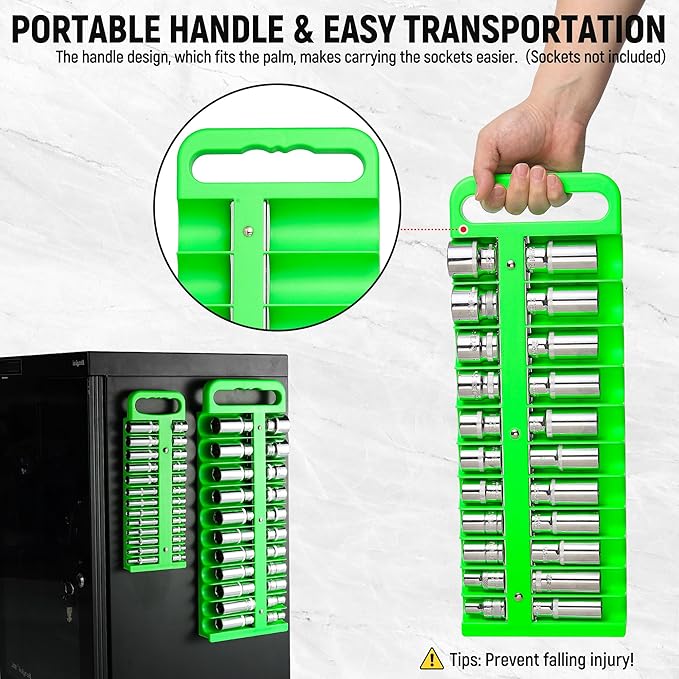 Magnetic Socket Organizer Set, 3 Pcs Green Portable Heavy Duty Socket Rail Set: 1/4-Inch x 22 Pallets, 3/8-Inch x 28 Pallets, 1/2-Inch x 26 Pallets, Hold 76 Sockets - Fit Shallow&Deep Sockets