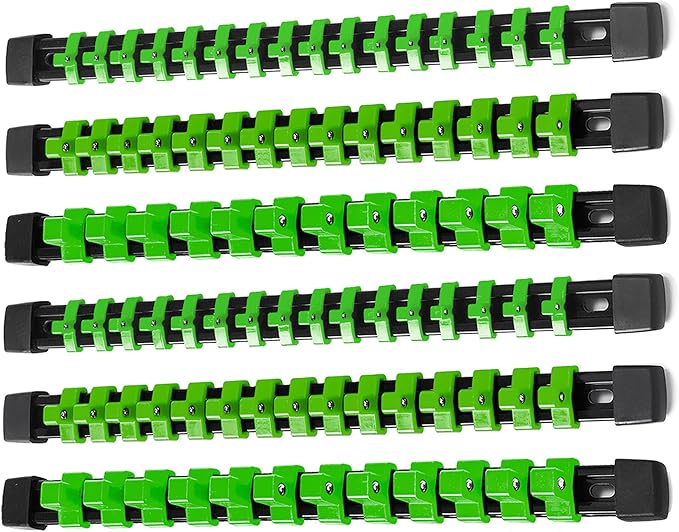 ALOANES 6PC ABS Socket Organizer, Socket Rails Fit 1/2 inch, 3/8 inch and 1/4 inch Drive, Heavy Duty Socket Holders Hold up to 86 Sockets, Black Rails with Green Clips