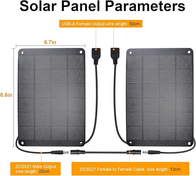 2Pack Solar Panel with Metal Hook, 5V 6W High Performance Monocrystalline Module with USB-A Female & DC Male Output, Waterproof Panel for Security Camera,Mobile Phone,Small Fan,Charging Bank,Outdoor