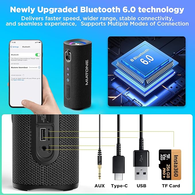 MIATONE Bluetooth Speaker 40W BT 6.0 Outdoor Portable Bluetooth Speakers with 3 EQ,Deep Bass,24H Playtime TWS,IPX7 Waterproof Shower Speakers Bluetooth Wireless Portable Speaker for Party/Beach-Black