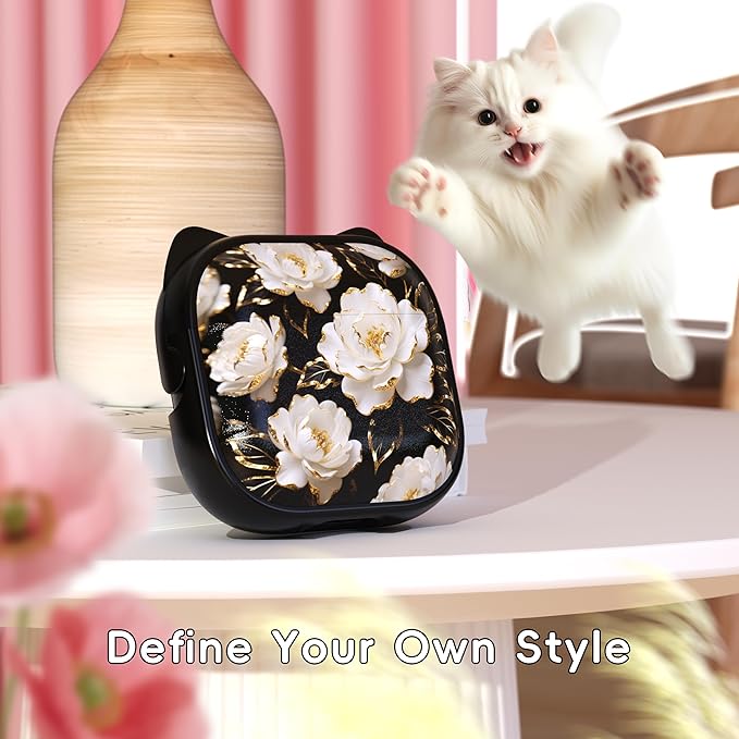 for AirPods 4 Case with Cleaning Kit, Cute Cat Ear Print Design & Cute Buckle, Inverted Phone Holder Design, Top Safe Lock Buckle Design, for Girls AirPods 4 case 2024, Black Peony