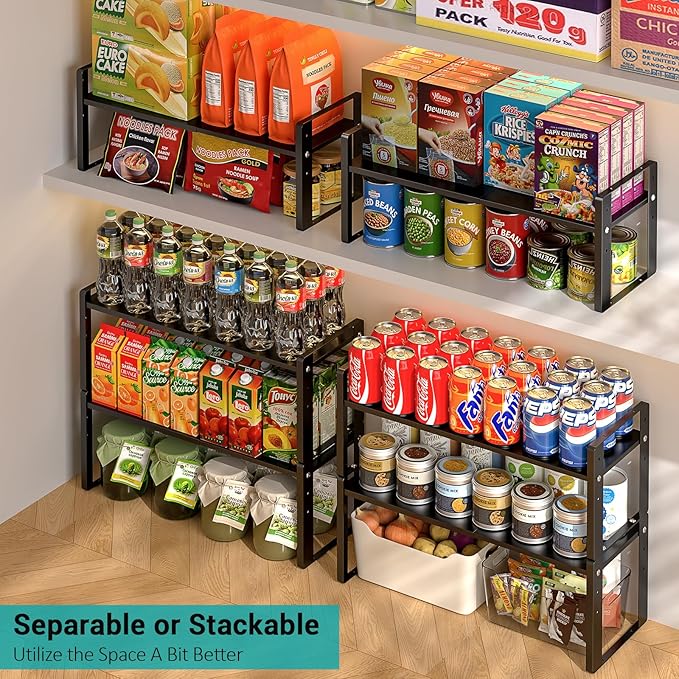 2 Pack Expandable Cabinet Organizer Shelves, Stackable Heavy Duty Metal Pantry Organizers, Adjustable Cabinet Shelf for Kitchen Counter, Cupboard, Pantry & Under Sink Space Saver, Black