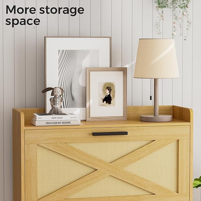 32" W Farmhouse Shoe Storage Cabinet with 2 Flip Drawers and Barn Door Design, Adjustable Shelves, Hidden Slim Narrow Shoe Rack Cabinet for Entryway, Foyer, Hallway, Living Room, Natural