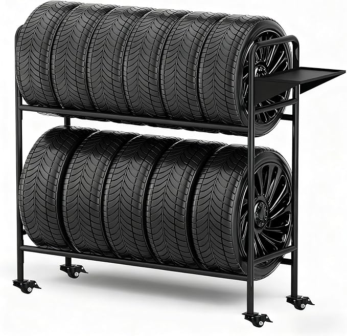 Heavy-Duty Tire Rack with Wheels, Garage Tire Storage Organizer, Adjustable Metal Straps & 4 Locking Casters, Holds Up to 660 lbs, for Car Tires Storage Organization
