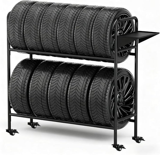 Heavy-Duty Tire Rack with Wheels, Garage Tire Storage Organizer, Adjustable Metal Straps & 4 Locking Casters, Holds Up to 660 lbs, for Car Tires Storage Organization