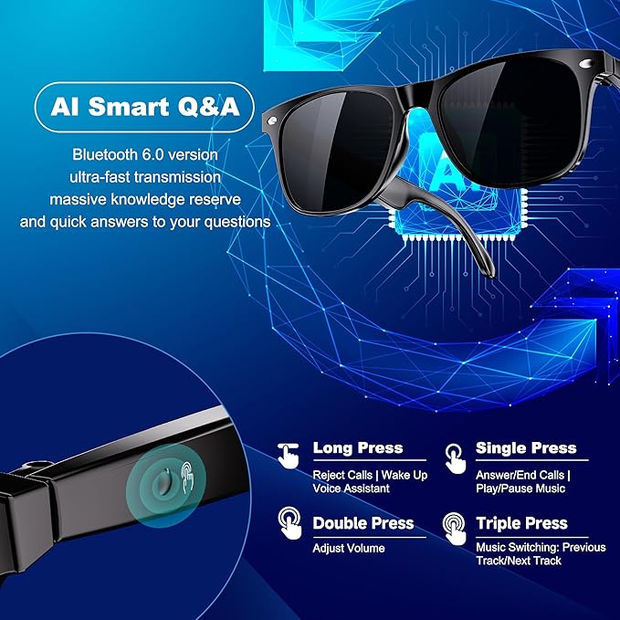 AI Smart Glasses for Women and Men, Bluetooth Translation Glasses with Chat GPT and 164 Languages, Sunglasses with Polarized Lens, Music Playback & Hands-Free Calls, UV & Blue Light Protection