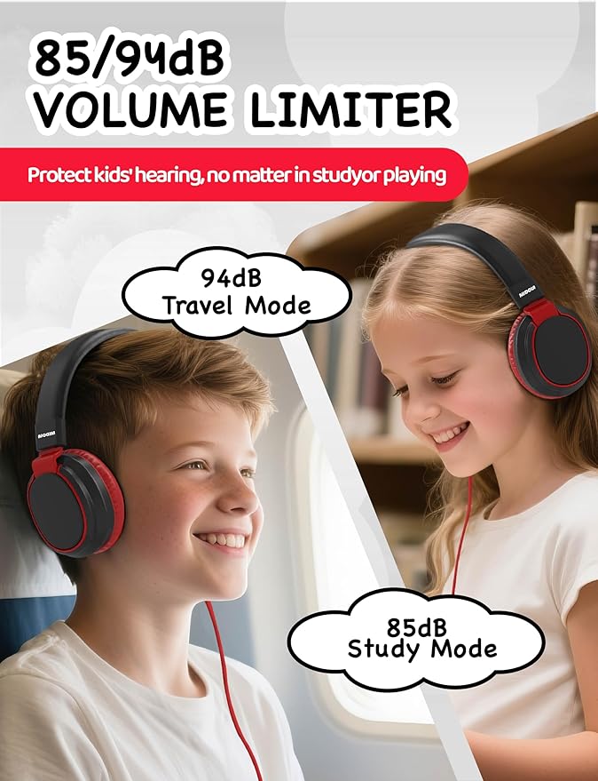 MIDOLA Volume Limited 85/110dB Kids Headphone Over-Ear/On-Ear Foldable Sound Noise Protection Headset with Inline AUX 3.5mm Cord w/Mic for Child School Cellphone Pad PC Notebook Black
