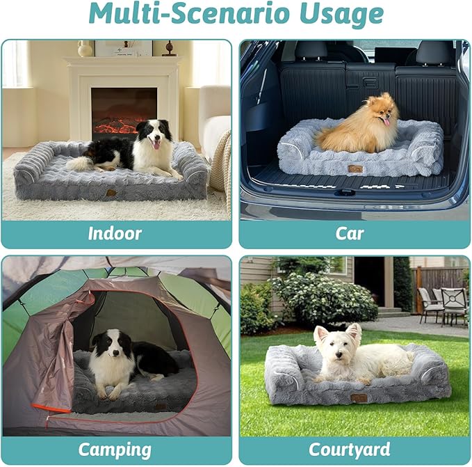 Faux Fur Orthopedic Dog Bed, Dog Bed for Medium Size, Supportive Foam Pet Sofa with Waterproof Lining Cover, Washable U-Shaped Pet Couch with Anti-Slip Bottom, Grey M 30x20x6.5 inch