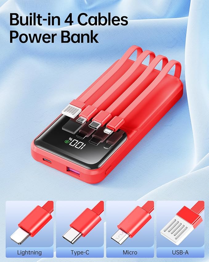 Portable Charger with Built in Cable - Power Bank Fast Charging USB C LED Display 10000mah Battery Pack 5 Outputs & 3 Inputs for Travel Essentials iPhone Samsung Android Phones Tablets Red