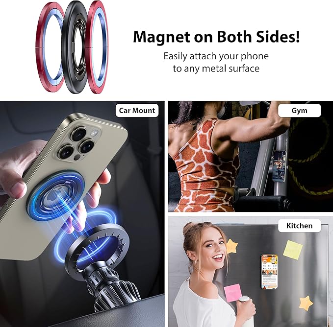 CreaDream 2PC Magnetic Phone Ring Holder for MagSafe, 360° Rotation Magnet Cell Phone Finger Ring Grip Stand, Two-Sided Magnetic Adjustable Kickstand, Compatible with iPhone 16 15 14 13 Series